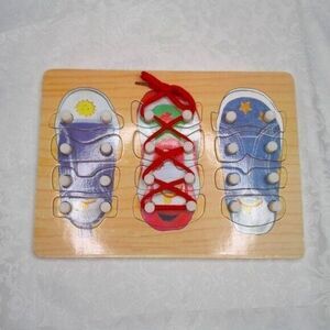 Wooden Shoe Tie Lacing Threading Board Matching Puzzle Educational Preschool Toy